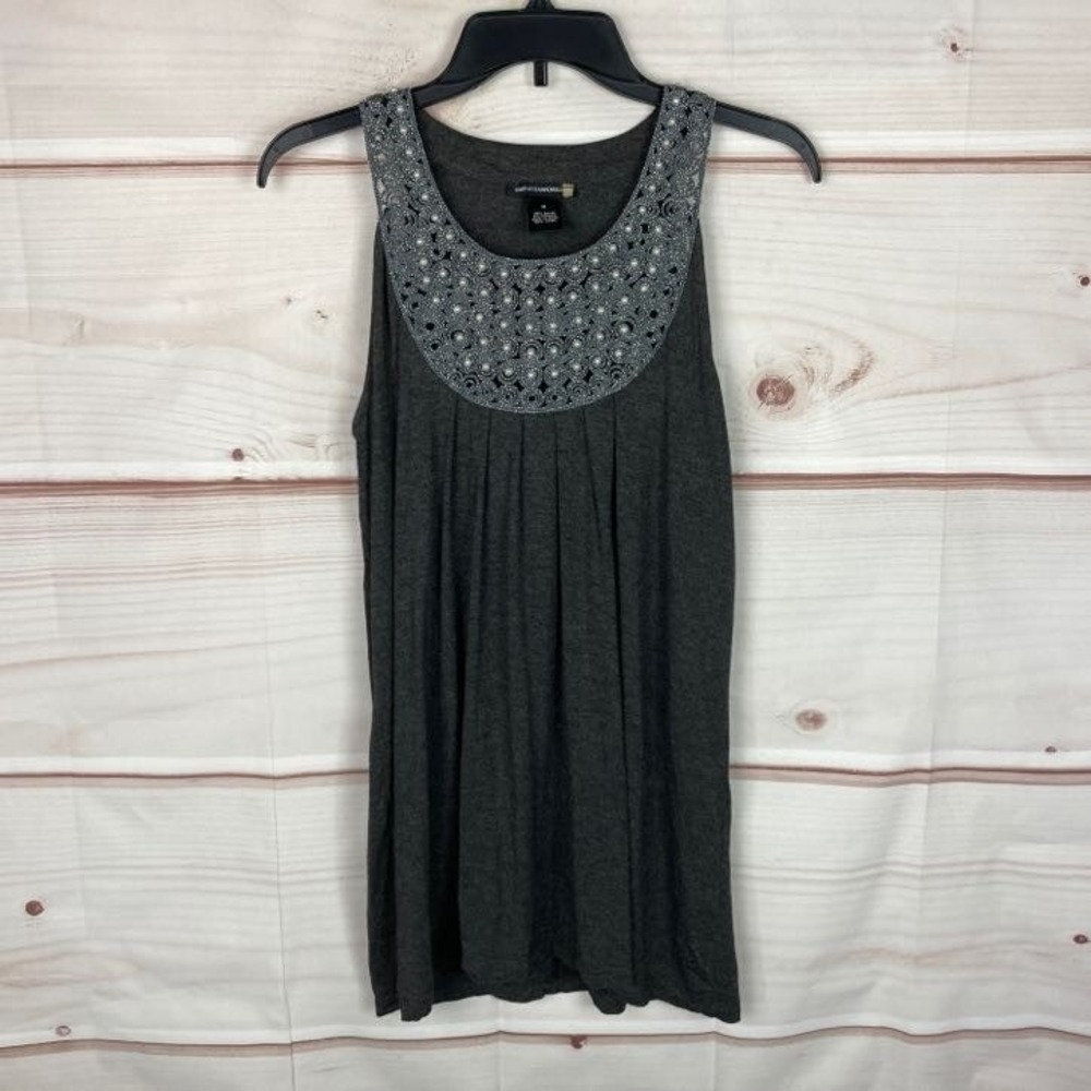 Sweater Works Top Womens Medium Gray Pearl Trim Tunic Tank Solid Halter Neck